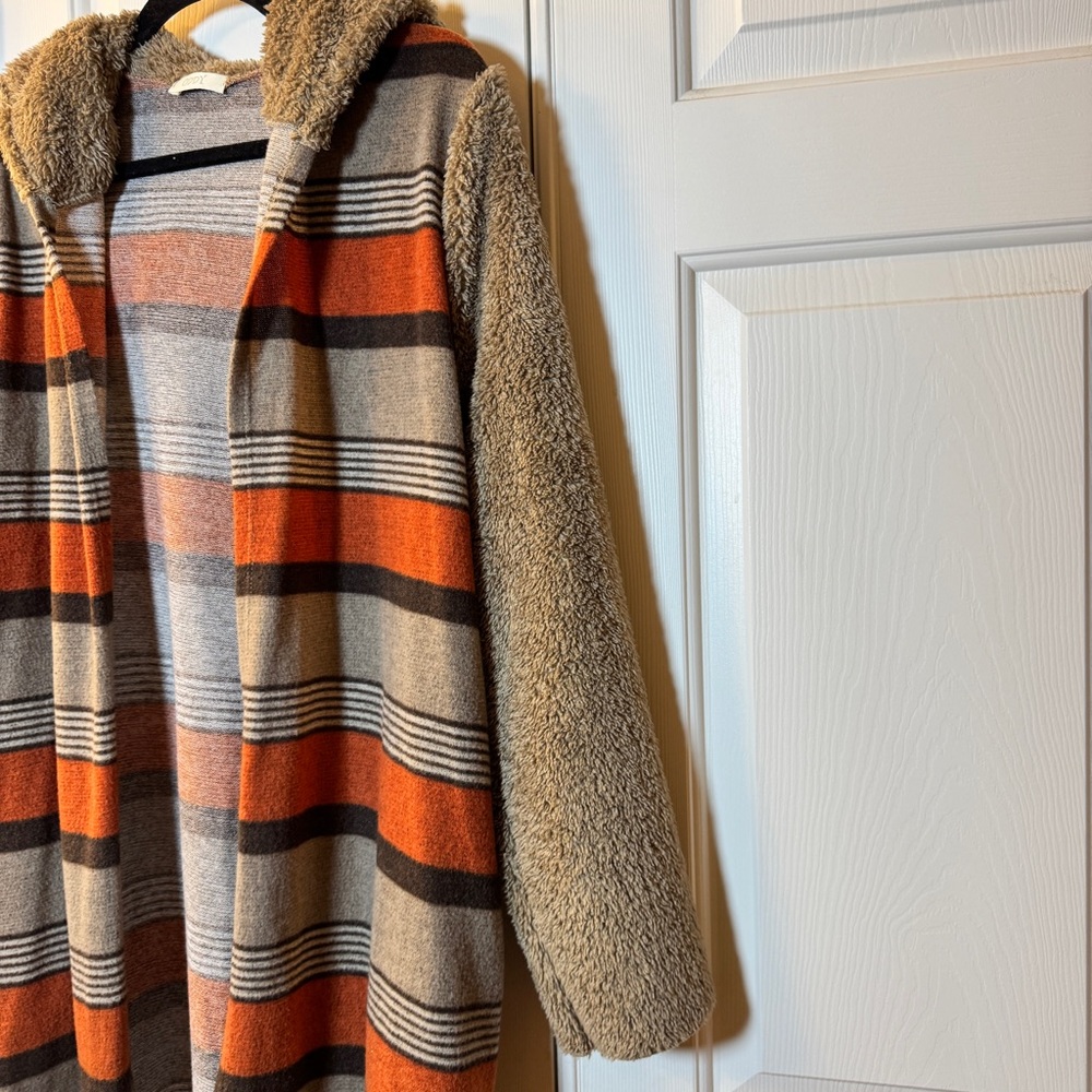 ODDY Tan & Orange‎ Stripe Hooded Cardigan Sweater W/Furry Hood & Long Sleeves - Picture 5 of 6